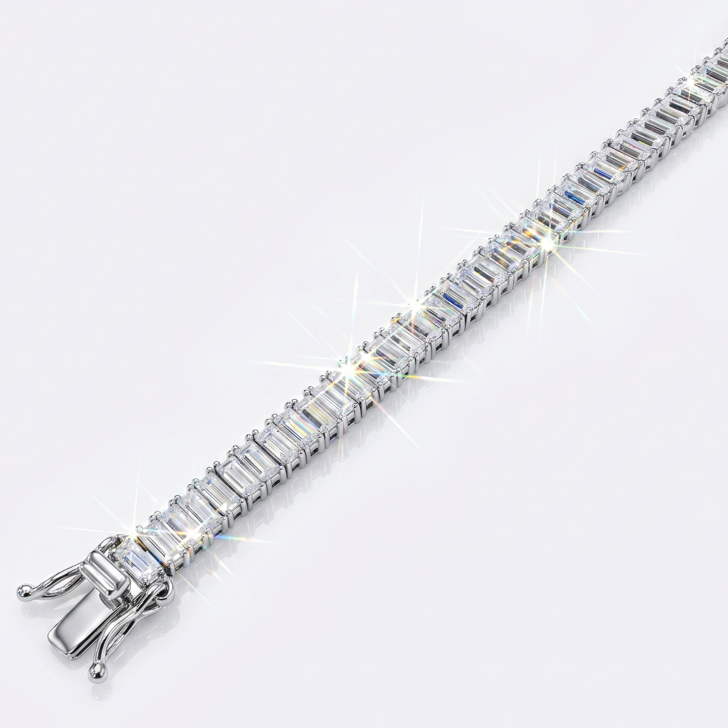 a moissanite baguette cut tennis bracelet on a white background