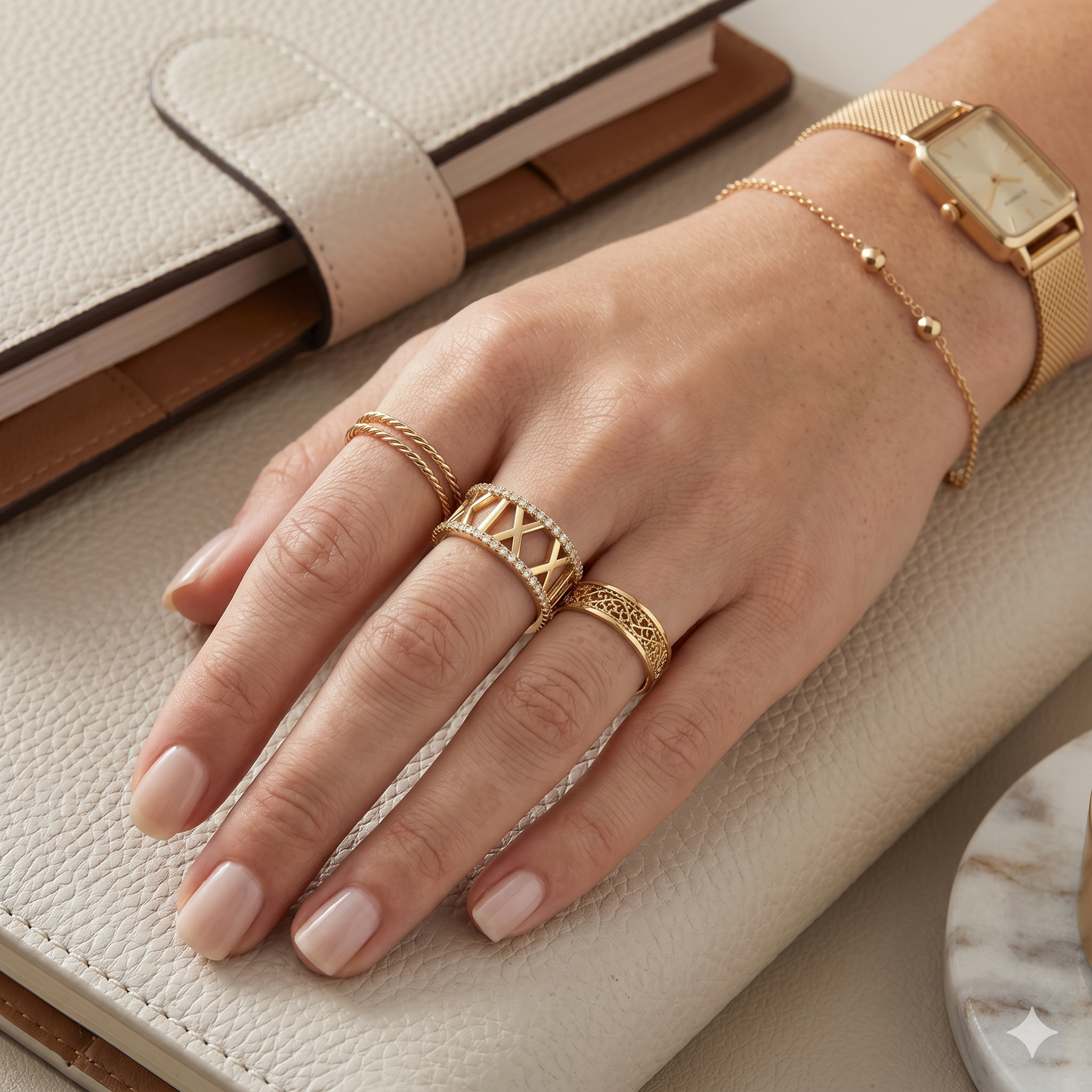 Hand wearing gold rings and bracelet on a light background with a custom anniversary roman numeral date ring
