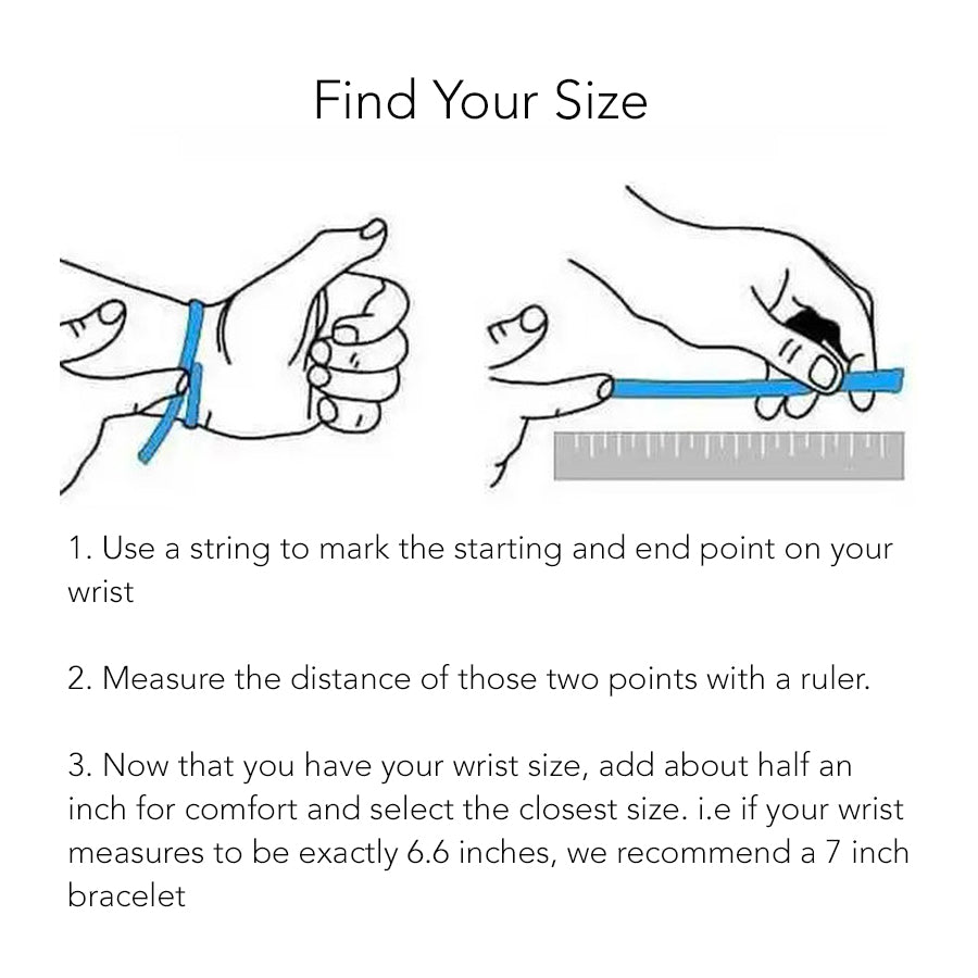 a detailed graphic showing how to measure your wrist to get your correct wrist size to order your bracelet