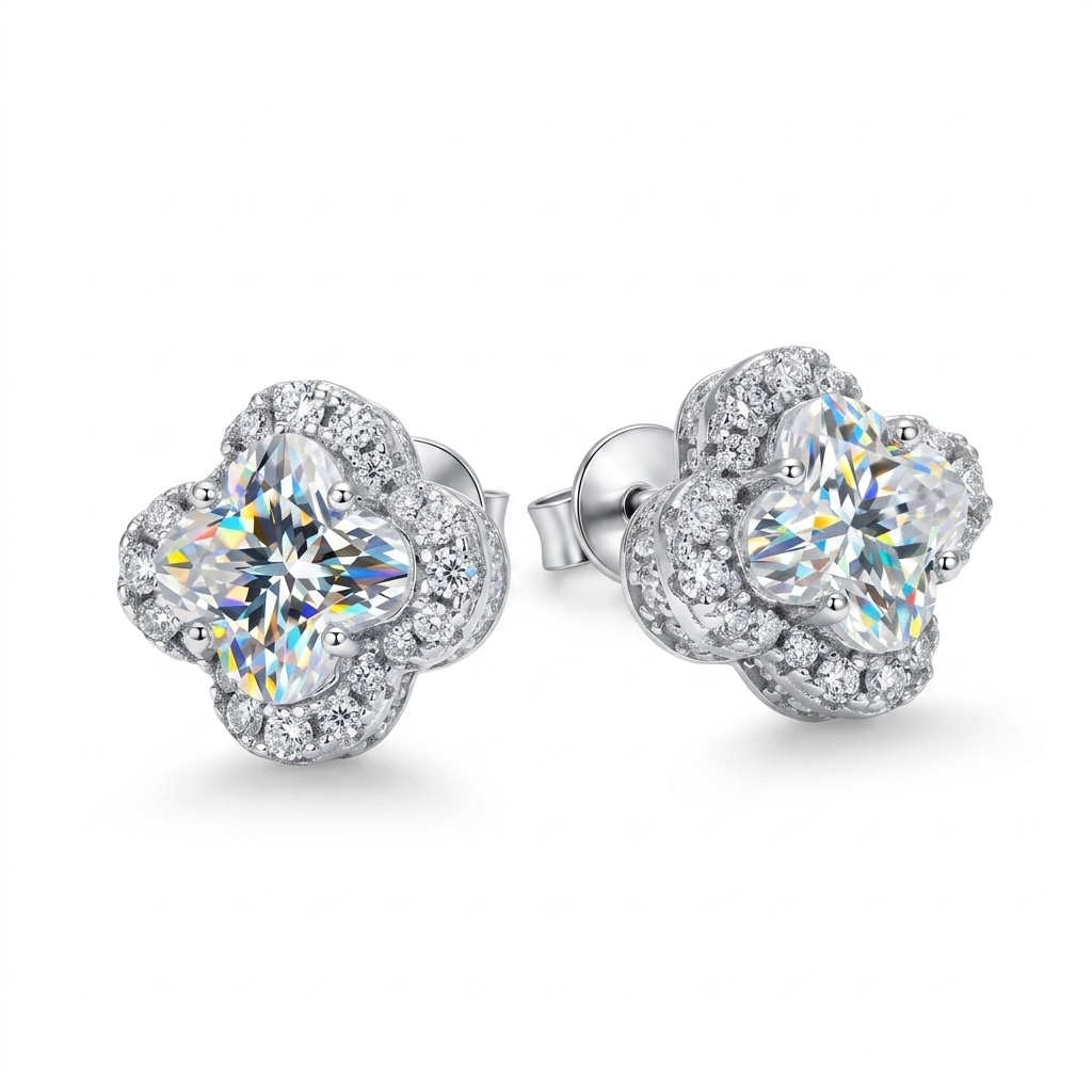 Posha 3.20 CTW Moissanite Clover Cut Halo Earrings