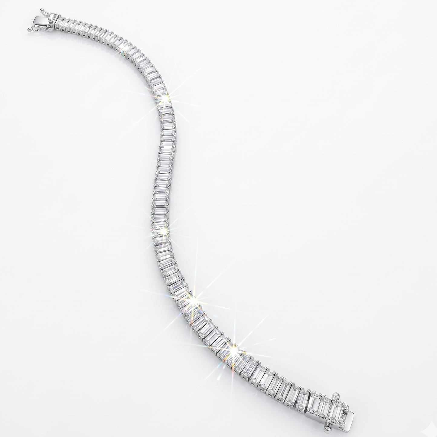 a baguette cut tennis bracelet draping elegantly on a white background