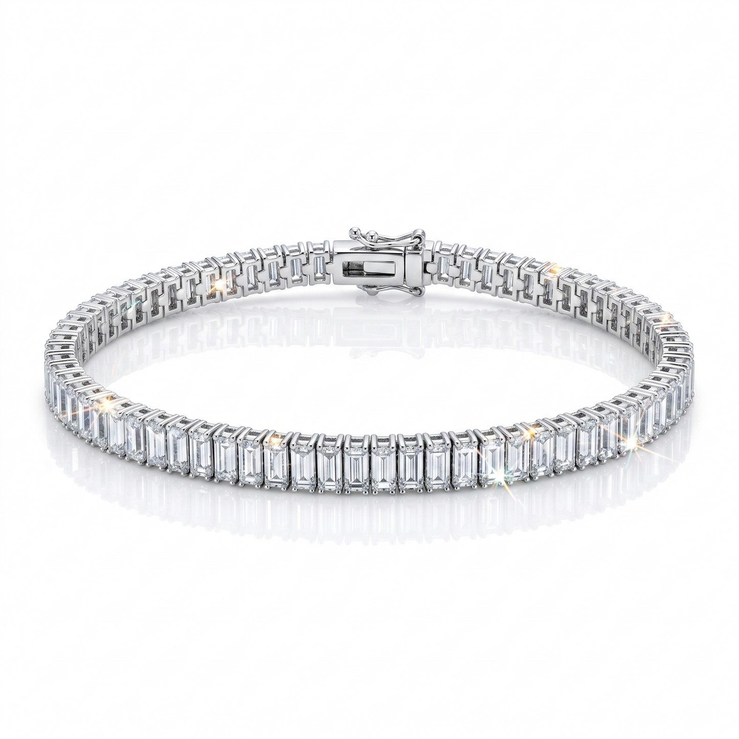 a shimmering moissanite baguette tennis bracelet on a white background