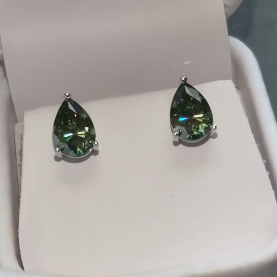 Classica Pear Cut Green Moissanite Stud Earrings