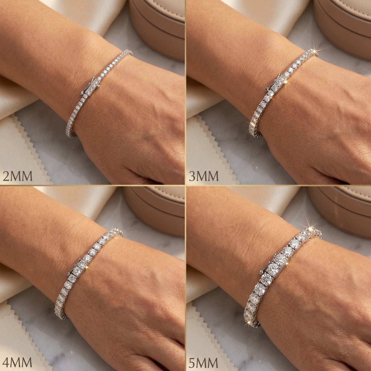 Bracelet with varying width options displayed on a wrist.